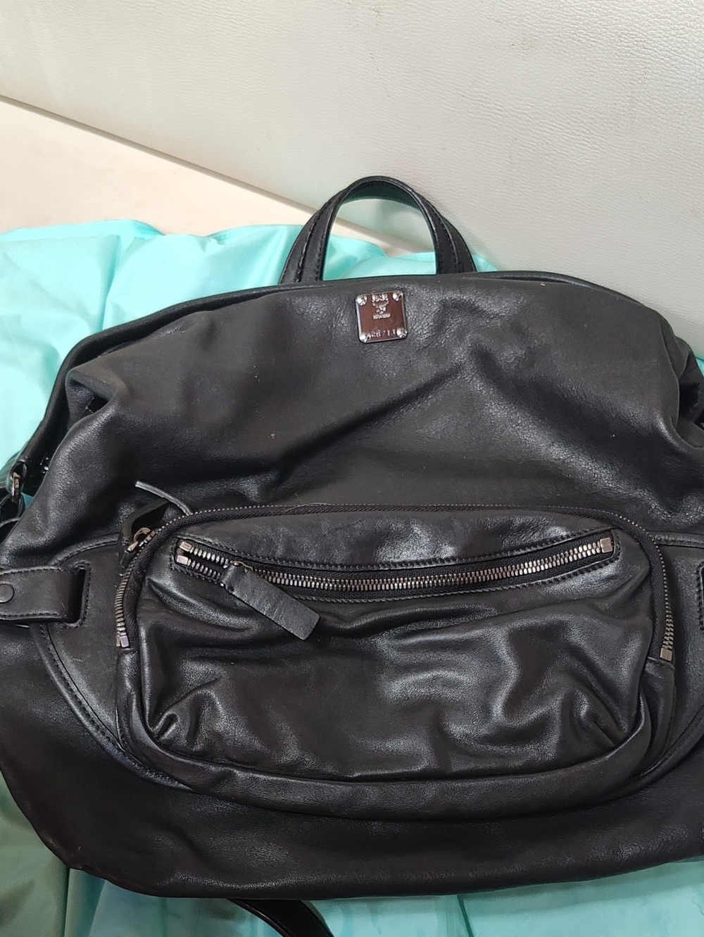 MCM Black Leather Men’s Large Backpack with Front Zip Pocket